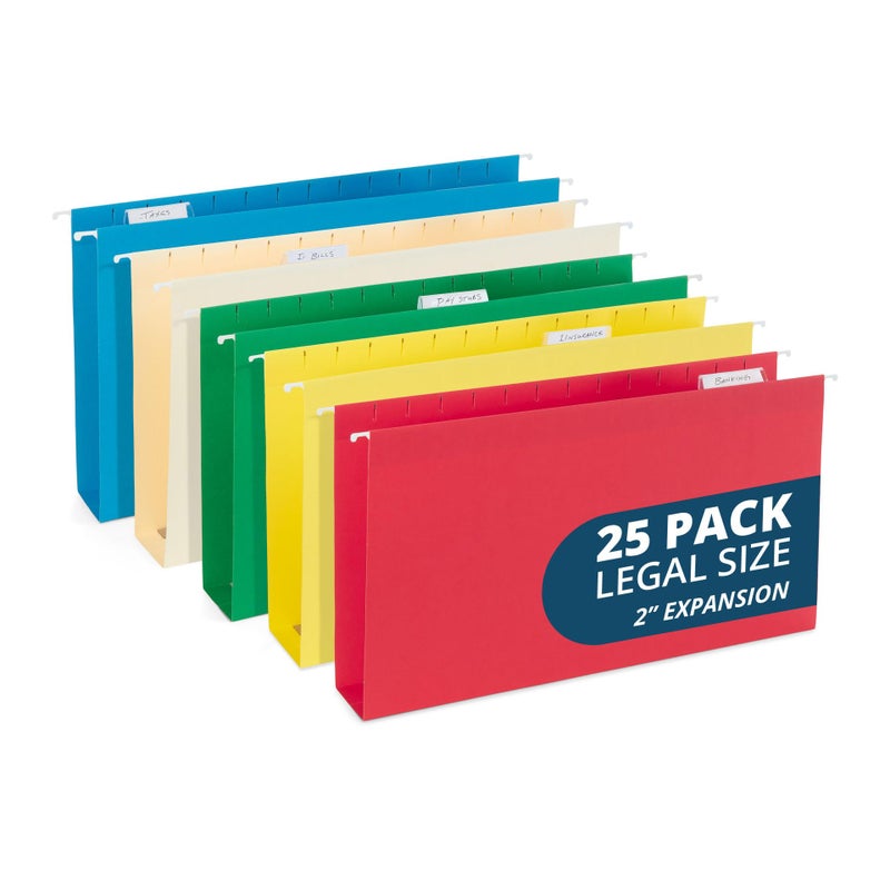 Blue Summit Supplies 25 Blue Summit Supplies Legal Size Hanging File Folders - Assorted Colors, 2" Expansion, Legal Hanging File Folders for Filing Cabinet, 9.5" x 14.75", 11PT Paper Stock with Tabs and Inserts Included - Image 1