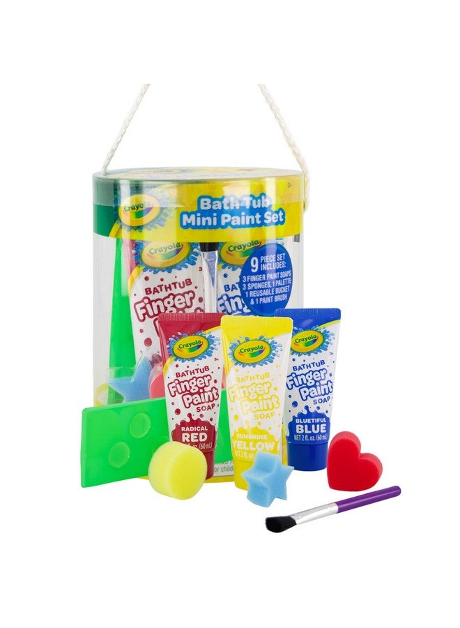 Crayola Bath Tub Mini Paint Set 9 Piece Art Kit - Brushes, Sponges, & Wash Away Finger Paints, Blue Yellow & Red Color Tub Fingerpaints - Image 1