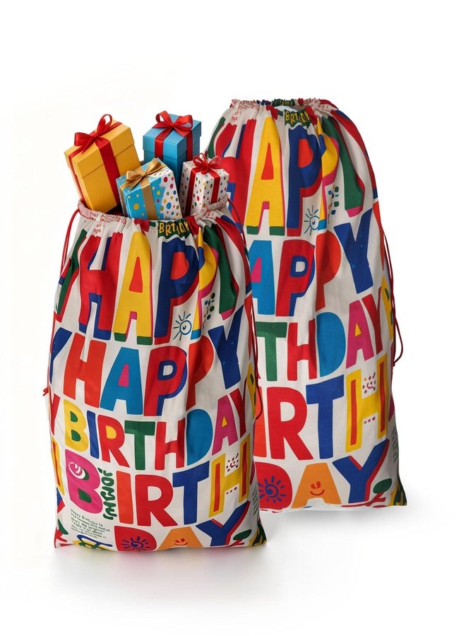 CosInStyle 2 PCS Large Happy Birthday Bags with Drawstring, 27.5x19.5 Inch, Reusable Canvas Storage for Holiday Gifts and Party Favors (StyleD-Birthday-2PCS - Image 1
