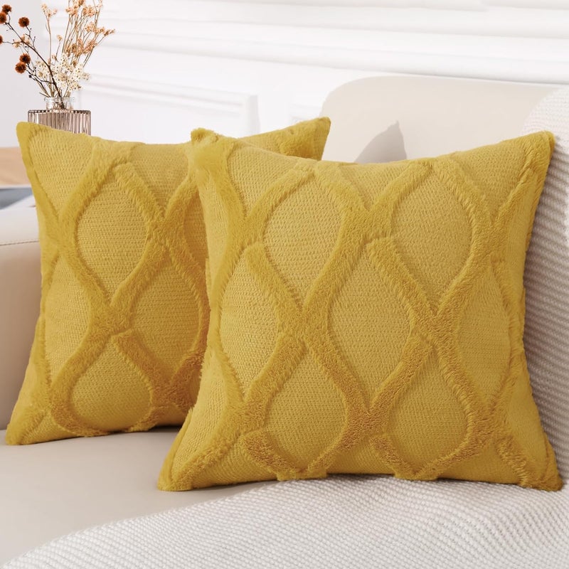 decorUhome Summer Throw Pillow Covers 18x18 Inch Set of 2 Soft Plush Faux Fur Wool Mustard Yellow Accent Couch Pillow Covers for Modern Farmhouse Bed Sofa Living Room - Image 2