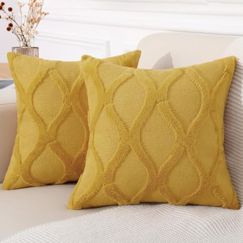 decorUhome Summer Throw Pillow Covers 18x18 Inch Set of 2 Soft Plush Faux Fur Wool Mustard Yellow Accent Couch Pillow Covers for Modern Farmhouse Bed Sofa Living Room - Image 1