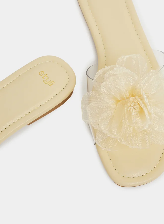 Styli Flower Detail Open Toe Flat Sandals