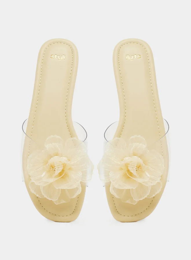 Styli Flower Detail Open Toe Flat Sandals
