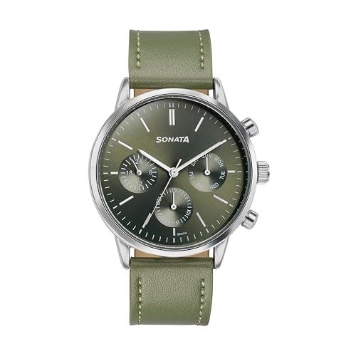 Sonata Quartz Multifunction Green Dial Green Leather Strap Watch for Men - Image 1
