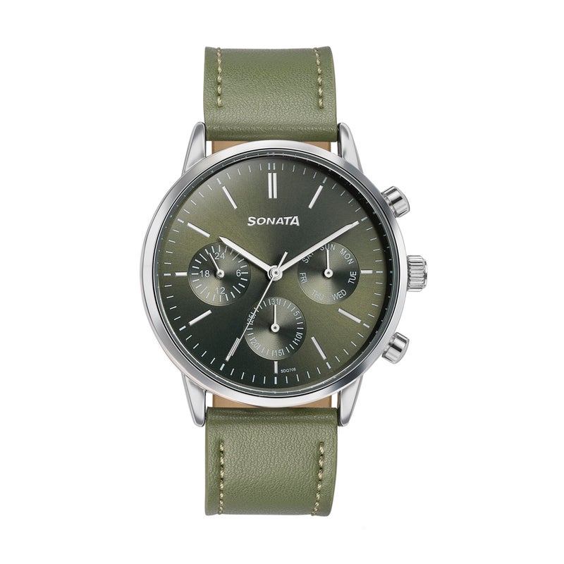 Sonata Quartz Multifunction Green Dial Green Leather Strap Watch for Men - Image 4