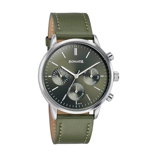 Sonata Quartz Multifunction Green Dial Green Leather Strap Watch for Men - Image 2