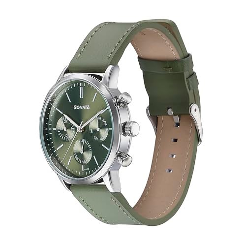 Sonata Quartz Multifunction Green Dial Green Leather Strap Watch for Men - Image 3