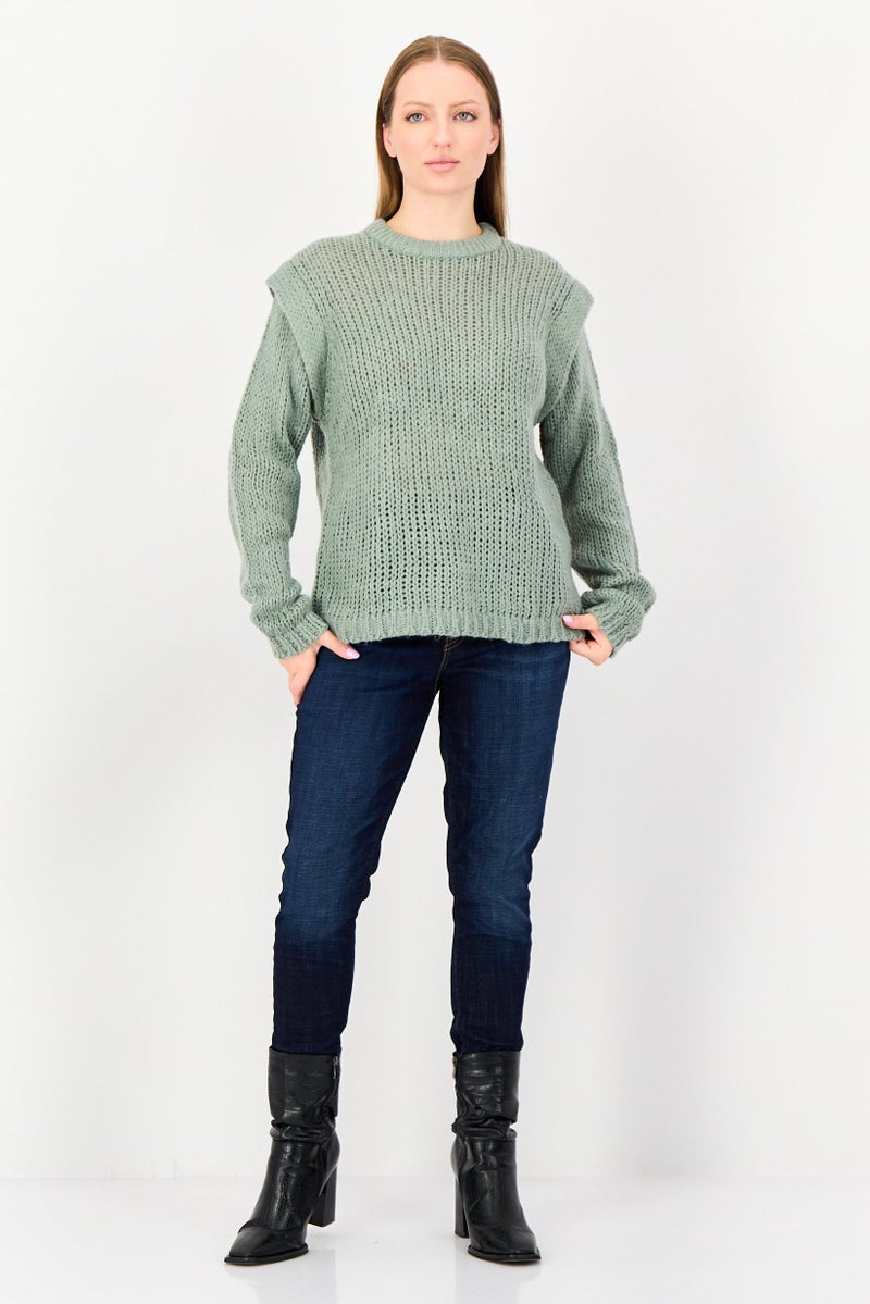 BRAVE SOUL Women Crew Neck Crochet Sweater, Sage Green - Image 3