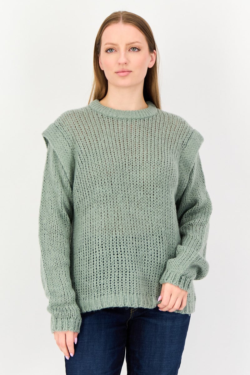 BRAVE SOUL Women Crew Neck Crochet Sweater, Sage Green - Image 1
