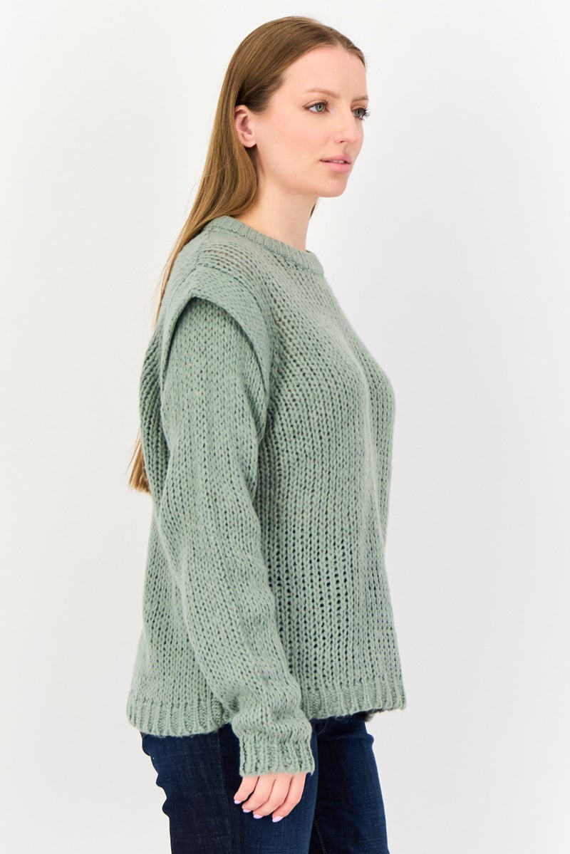 BRAVE SOUL Women Crew Neck Crochet Sweater, Sage Green - Image 4