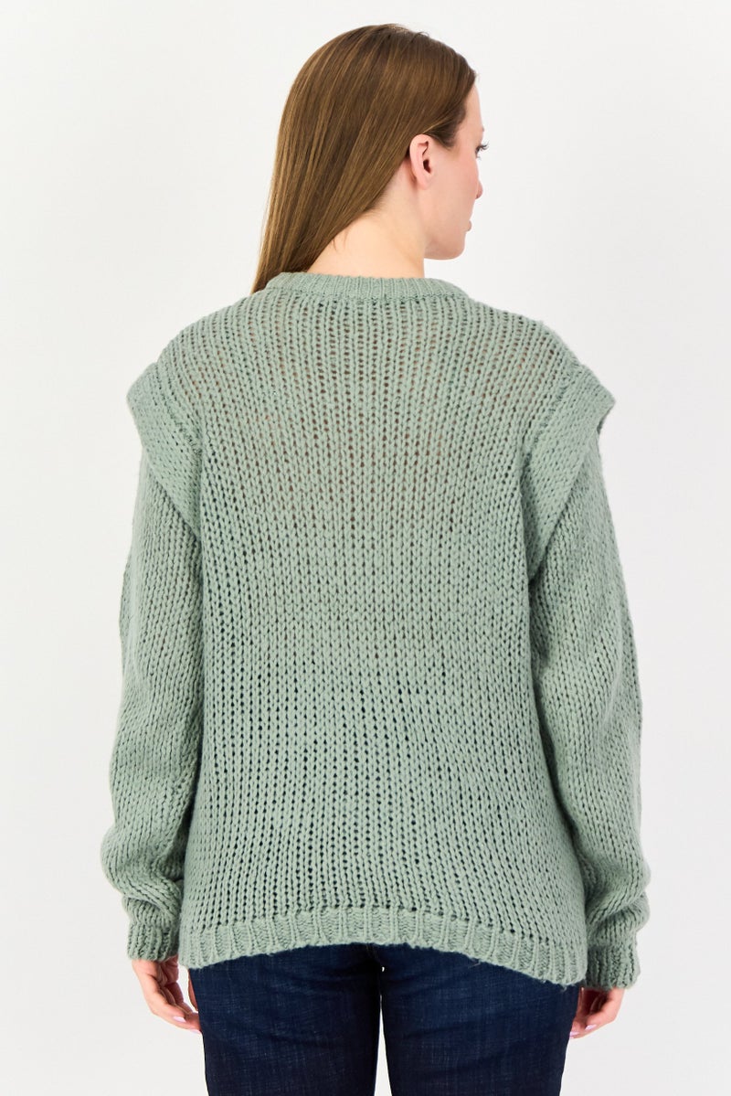 BRAVE SOUL Women Crew Neck Crochet Sweater, Sage Green - Image 2