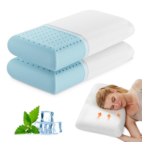 DUMOS Memory Foam Pillows for Sleeping 2 Pack, Bed Pillows for Adults with Washable Cover and Breathable Mesh, Gel Cooling Pillow for Back and Side Sleeper Support, White - Image 1