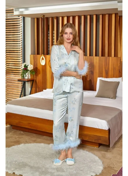 Cossy By Aqua Aqua Otriş Feathered Front Buttoned Satin Pajama Set