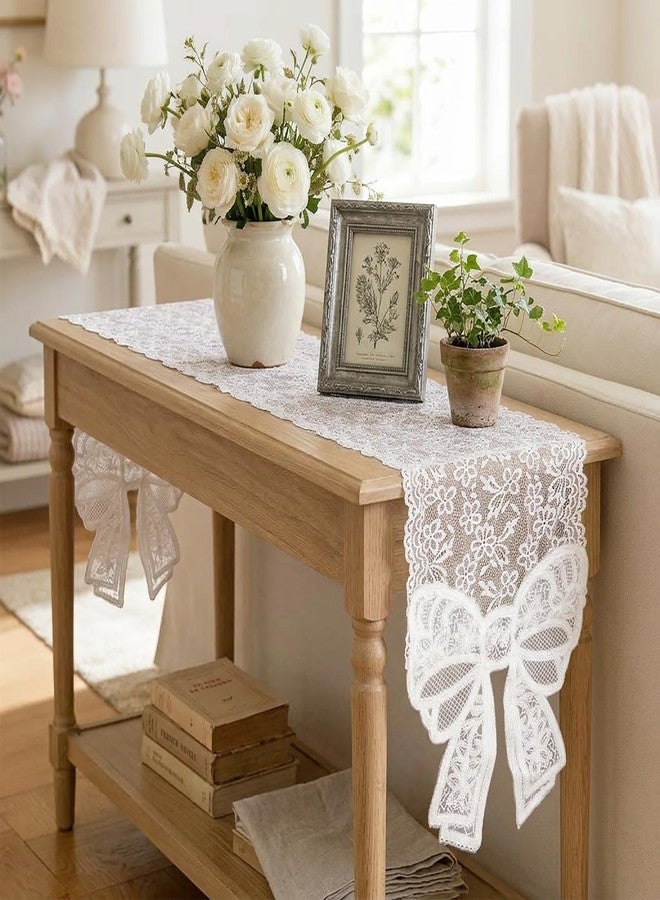 tiosggd White Lace Table Runner with Big Bow Ends, Vintage Macrame Embroidered Dresser Runners Cover Top for Bedroom, Dining Table, French Country Style Spring Summer Wedding Party Decor 12 x 72 inches - Image 2