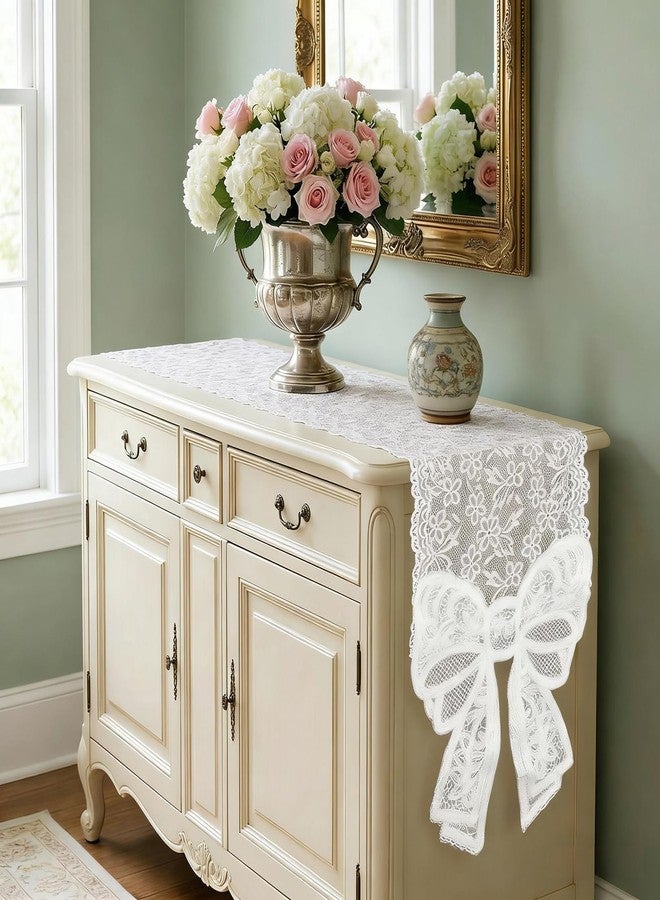 tiosggd White Lace Table Runner with Big Bow Ends, Vintage Macrame Embroidered Dresser Runners Cover Top for Bedroom, Dining Table, French Country Style Spring Summer Wedding Party Decor 12 x 72 inches - Image 4
