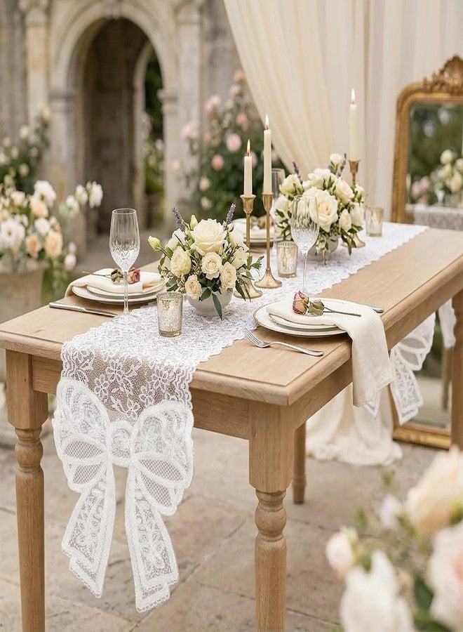 tiosggd White Lace Table Runner with Big Bow Ends, Vintage Macrame Embroidered Dresser Runners Cover Top for Bedroom, Dining Table, French Country Style Spring Summer Wedding Party Decor 12 x 72 inches - Image 1