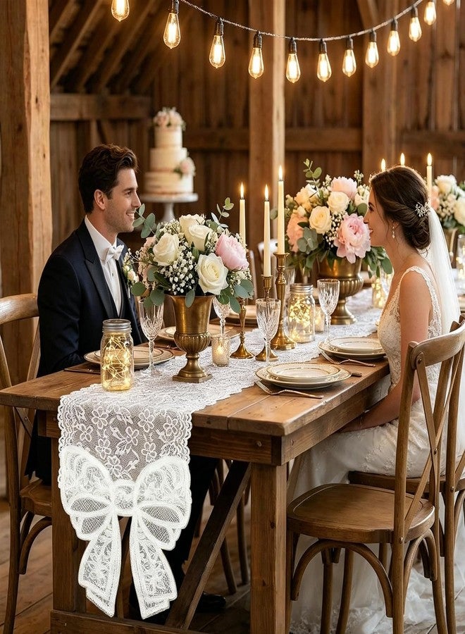 tiosggd White Lace Table Runner with Big Bow Ends, Vintage Macrame Embroidered Dresser Runners Cover Top for Bedroom, Dining Table, French Country Style Spring Summer Wedding Party Decor 12 x 72 inches - Image 5