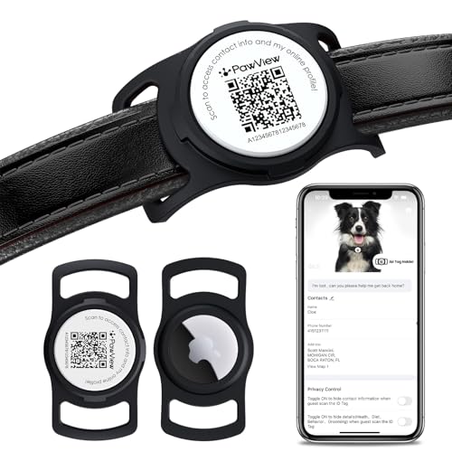 PawView حامل طوق الكلب PawView لجهاز AirTag، حامل رمز QR الذكي للقطط والكلاب، لحالات AirTag الواقية - تنبيه المسح، الموقع الفوري، ملف تعريف الحيوان الأليف على الإنترنت، معلومات الاتصال (1 عبوة، أسود) - Image 1