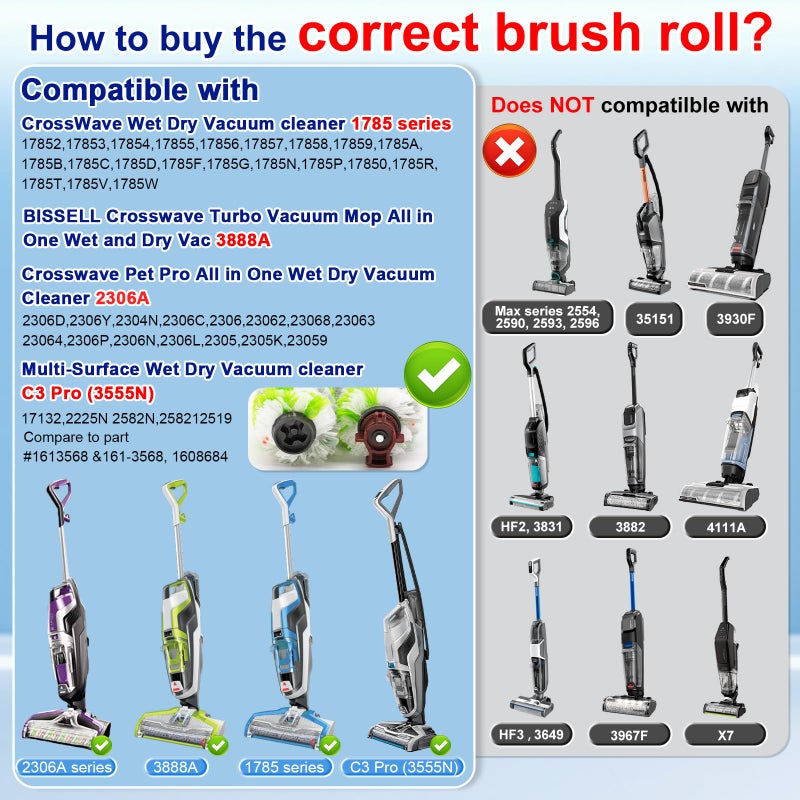 Lemige Brush Filter Replacement Parts for Bissell CrossWave Vacuum 3888A 1785 Pet Pro 2306A Cordless Wet Dry Vac, 3 Pack 2460 Multi-Surface Pet Brush Roll & 1866 Vacuum Filter, Part 1613568 1608684 - Image 2