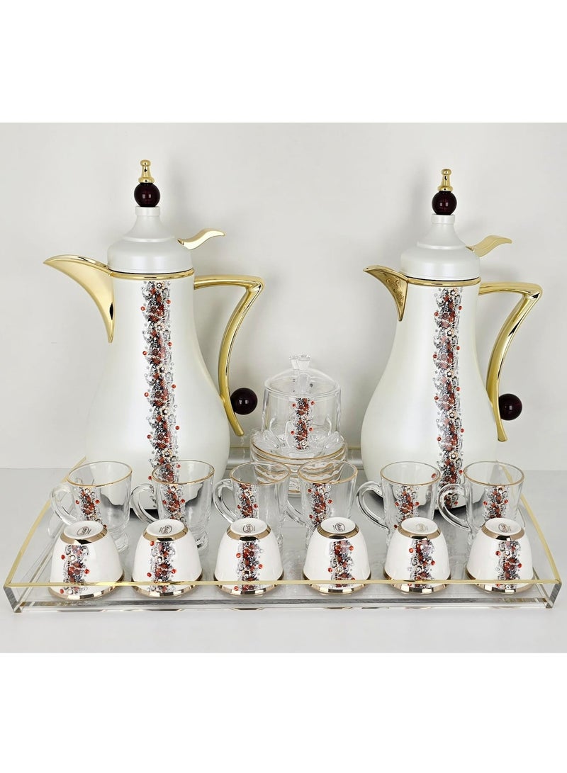 Radin Premium Red Crystal Arabic Coffee & Tea Thermos Set – 2 Dallah Flasks + 6 Glass Cups + 6 Ceramic Qahwa Cups + Sugar Pot + Luxury Tray – Hospitality Gift Set