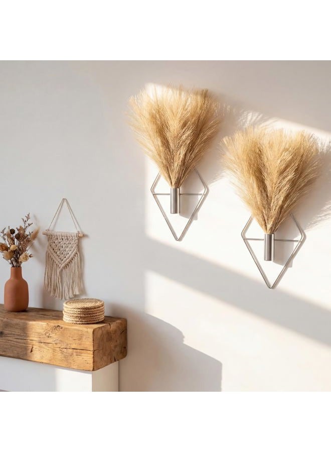 Canlierr 2 Pieces Boho Wall Decor Hanging Planters with Artificial Plants Metal Hanging Vase Indoor Plants Holder Modern Wall Art for Bathroom Bedroom Living Room Decor, Silver, Pampas Grass - Image 1