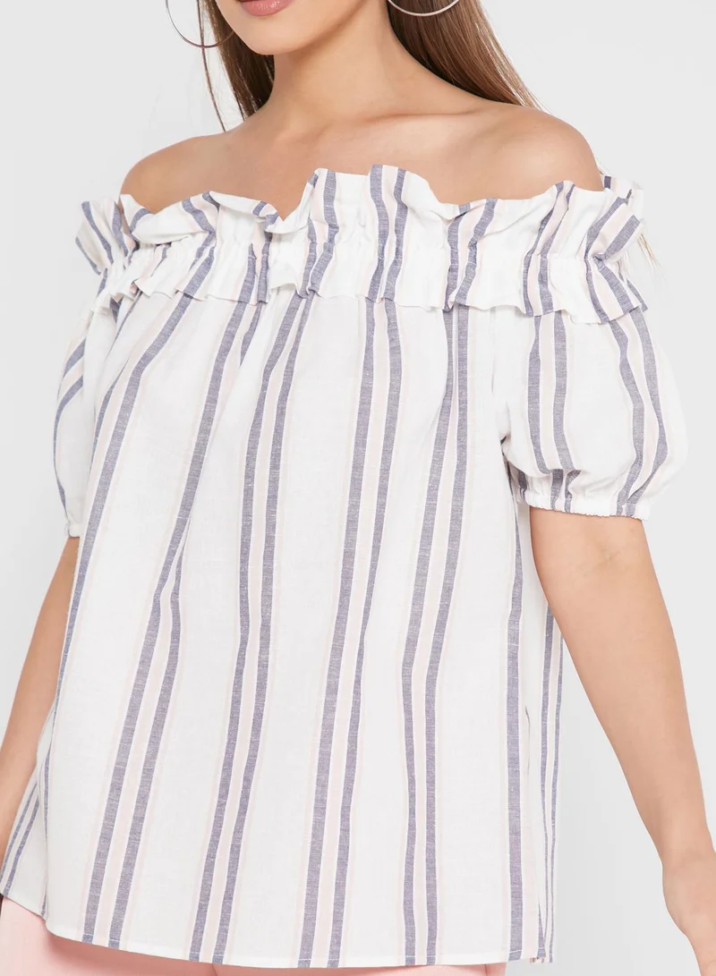 DOROTHY PERKINS Striped Bardot Ruffle Detail Top
