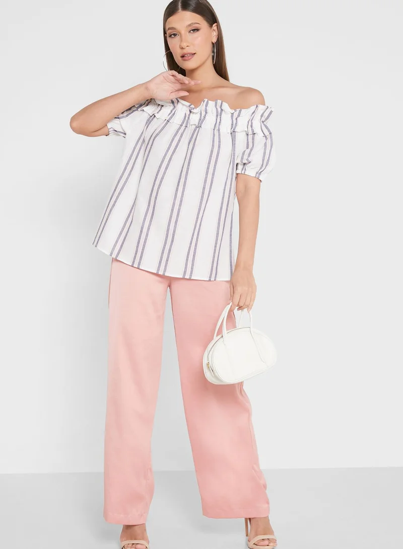 DOROTHY PERKINS Striped Bardot Ruffle Detail Top