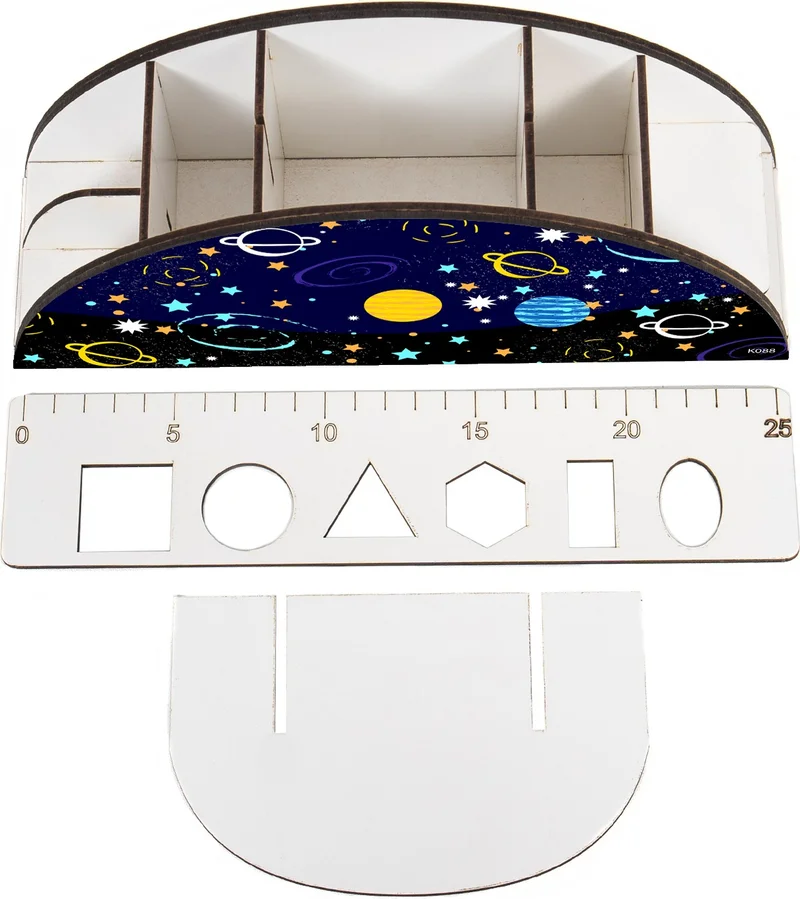 Notpa Wooden Space Rainbow Ruler Desktop Pen Holder Box Organizer For Kids VİP88