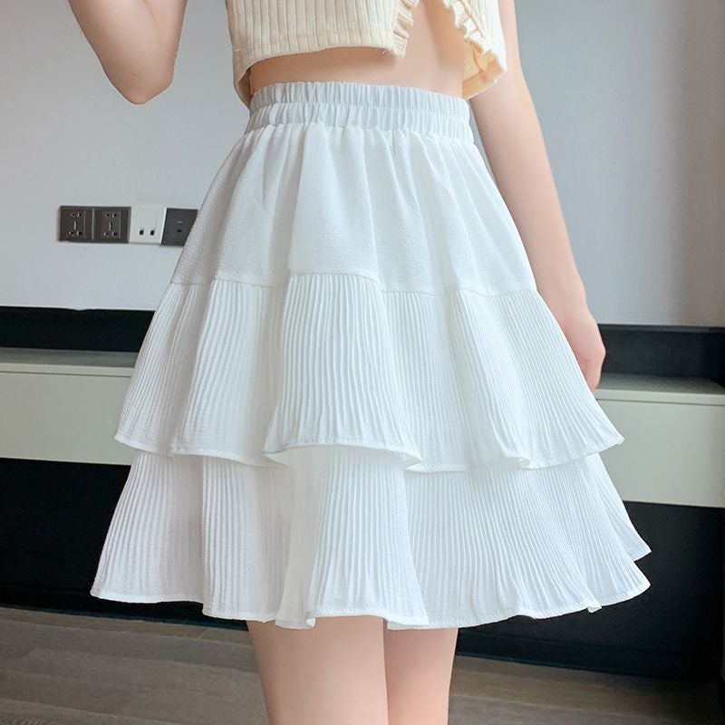 White Ruffled Pleated Skirt for Women 2025 Spring and Summer High-Waisted Cake Skirt with Puffy Skirt White lined culottes