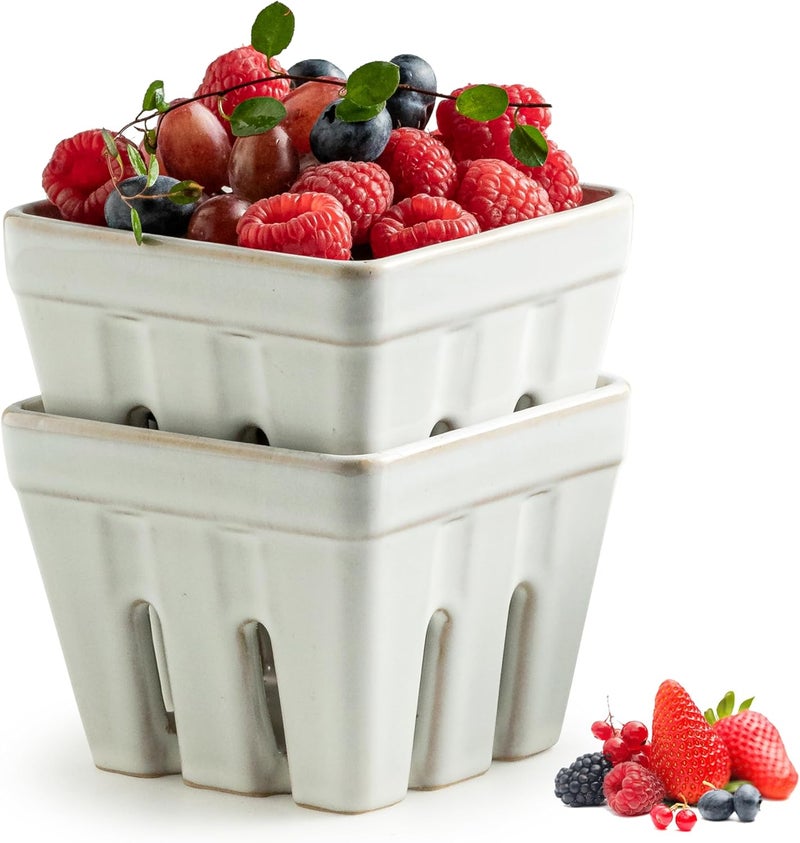 Gomakren Ceramic Berry Basket Set of 2 Square Fruit Bowl with Holes Small Fruit Basket Containers for Kitchen Counter Berries Strawberry Grape Cherry White - Image 1