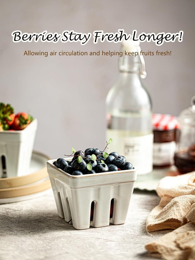 Gomakren Ceramic Berry Basket Set of 2 Square Fruit Bowl with Holes Small Fruit Basket Containers for Kitchen Counter Berries Strawberry Grape Cherry White - Image 3