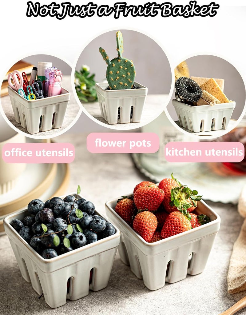 Gomakren Ceramic Berry Basket Set of 2 Square Fruit Bowl with Holes Small Fruit Basket Containers for Kitchen Counter Berries Strawberry Grape Cherry White - Image 5