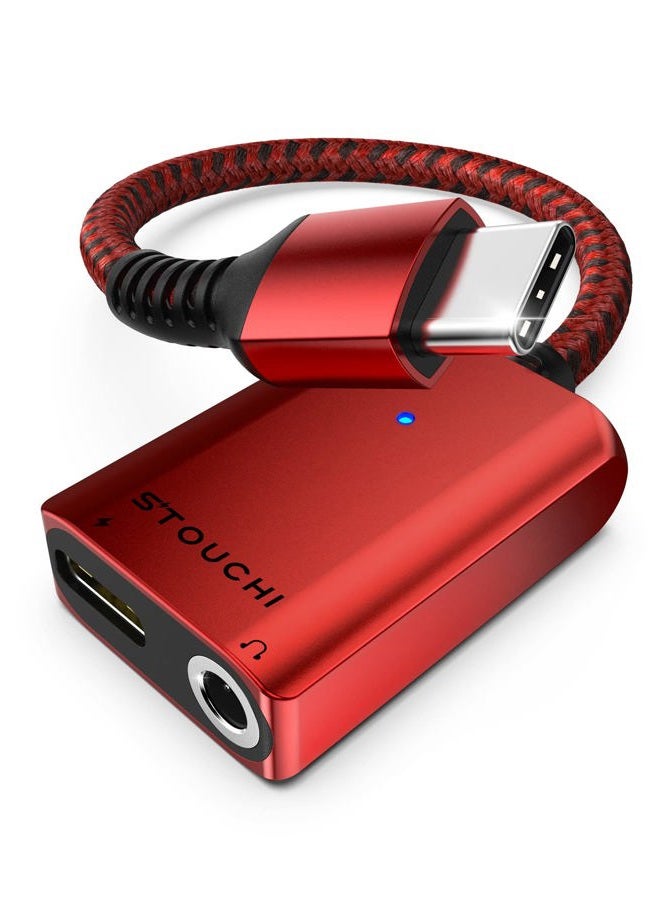 Stouchi USB C to 3.5mm Headphone and Charger Adapter, 2 in 1 USB-C to Aux Audio Jack with Safe 30W Fast Charging, Hi-res DAC Compatible with Samsung S22 S21 Ultra Note 20/10, Pixel 9/6/5/XL- Red - Image 1
