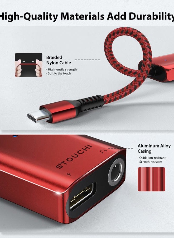 Stouchi USB C to 3.5mm Headphone and Charger Adapter, 2 in 1 USB-C to Aux Audio Jack with Safe 30W Fast Charging, Hi-res DAC Compatible with Samsung S22 S21 Ultra Note 20/10, Pixel 9/6/5/XL- Red - Image 3