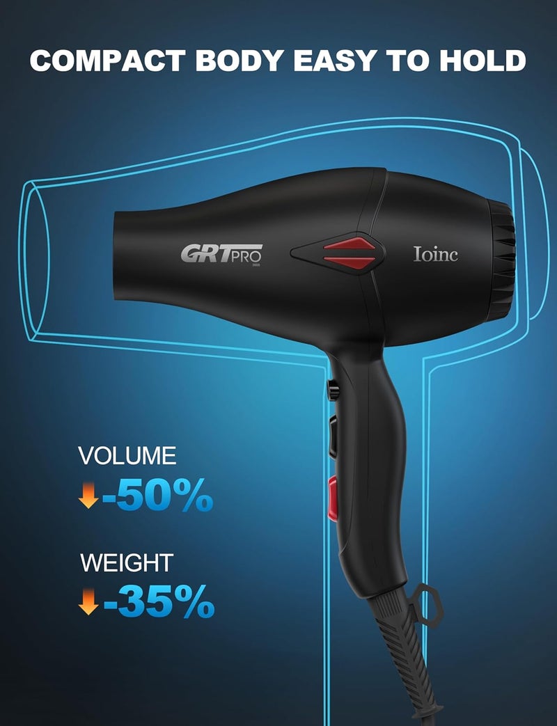 GRT PRO Professional Hair Dryer 2400W Ionic Hairdryer AC Motor 40 Million Negative Ions with 1 Diffuser & 1 Nozzle Accessories, Overheating Protection 2 Speeds 3 Heat Settings for Women Men Home Salon - Image 3