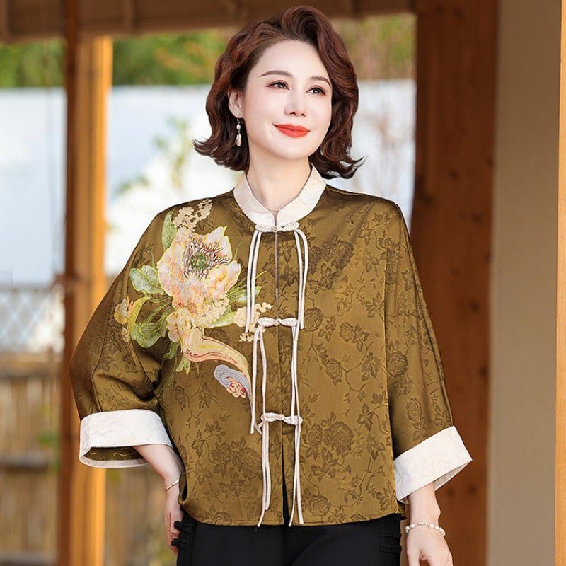 New Chinese Style Mother Summer Dress New Style Guofeng Lady High-end Jacket Coat Middle-aged and Elderly Womens Summer Shirt T-shirt Curry - Image 1