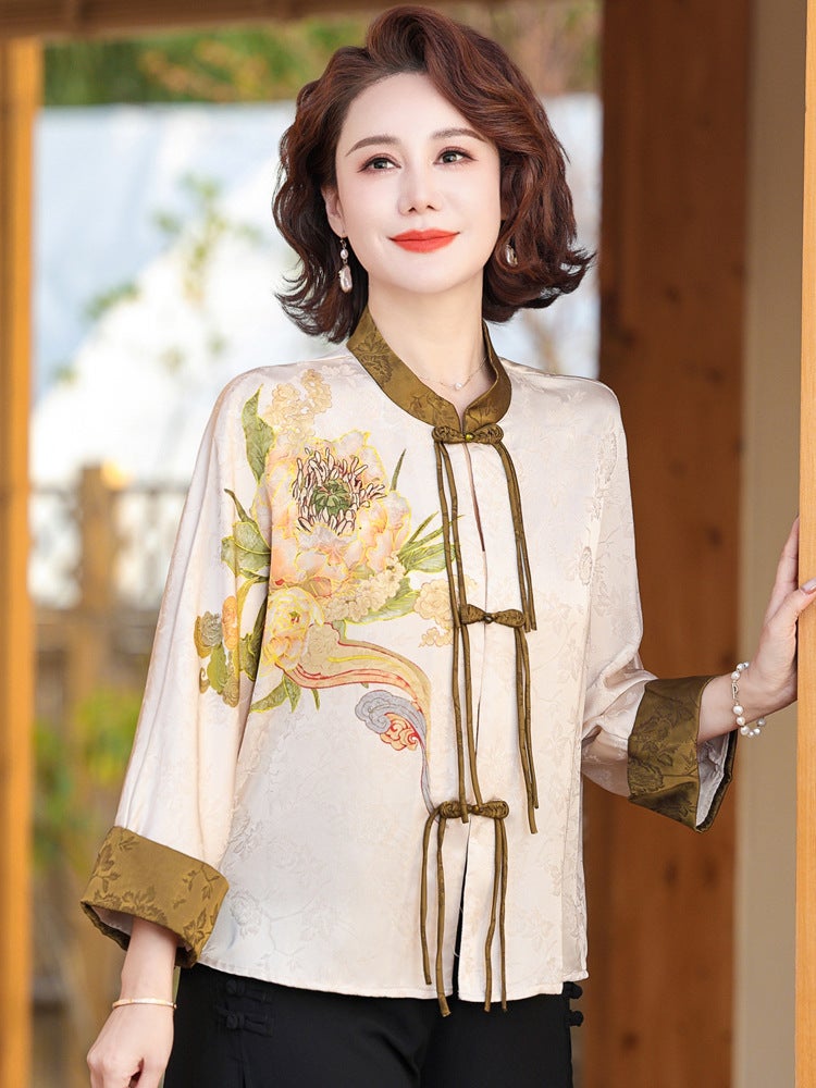New Chinese Style Mother Summer Dress New Style Guofeng Lady High-end Jacket Coat Middle-aged and Elderly Womens Summer Shirt T-shirt Curry - Image 2