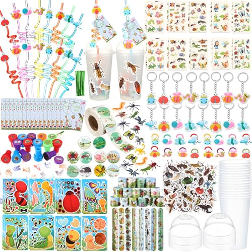 Poen 212 Pcs Insects Party Favors Set Include Cup Straw Stamp Clap Bracelet Keychain Ring Puzzle Sticker Animal Miniature Card for Birthday Summer Outdoor Party Baby Shower Goody Bag Stuffer - Image 1