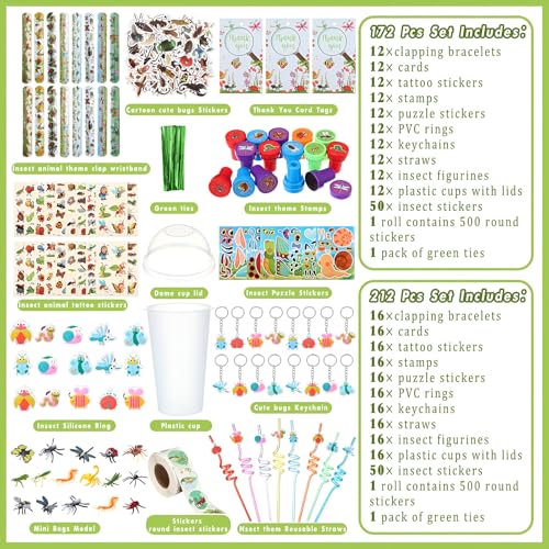 Poen 212 Pcs Insects Party Favors Set Include Cup Straw Stamp Clap Bracelet Keychain Ring Puzzle Sticker Animal Miniature Card for Birthday Summer Outdoor Party Baby Shower Goody Bag Stuffer - Image 5