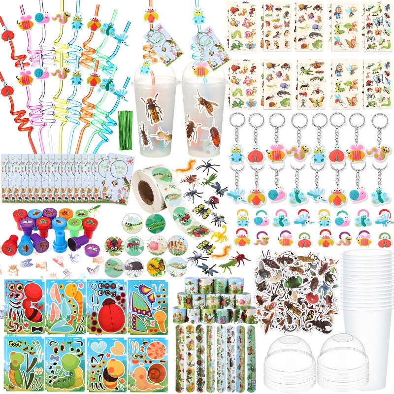 Poen 212 Pcs Insects Party Favors Set Include Cup Straw Stamp Clap Bracelet Keychain Ring Puzzle Sticker Animal Miniature Card for Birthday Summer Outdoor Party Baby Shower Goody Bag Stuffer - Image 3