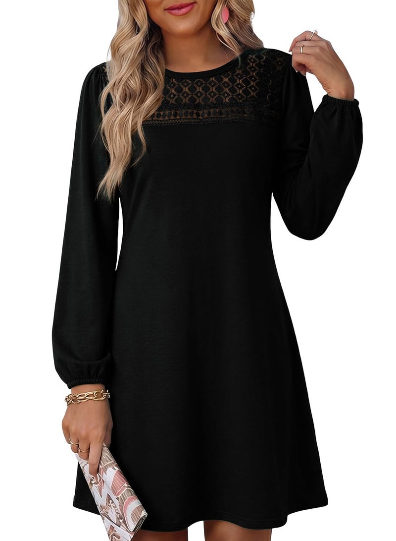 Dokotoo Spring Dresses for Women Wedding Guest Crew Neck Casual Long Sleeve Empire Waist A Line Shift Dress Western Boho Dresses for Women Ladies Elegant Summer Black Dress for Women S - Image 1