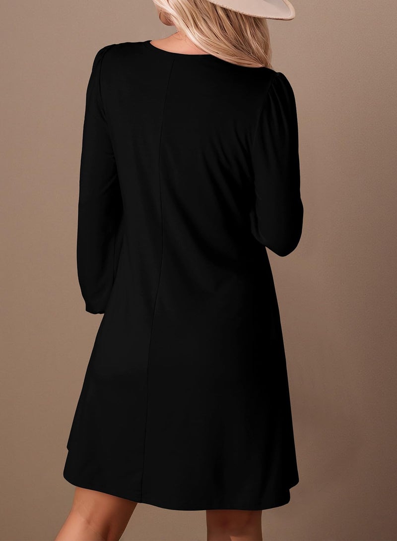 Dokotoo Spring Dresses for Women Wedding Guest Crew Neck Casual Long Sleeve Empire Waist A Line Shift Dress Western Boho Dresses for Women Ladies Elegant Summer Black Dress for Women S - Image 2