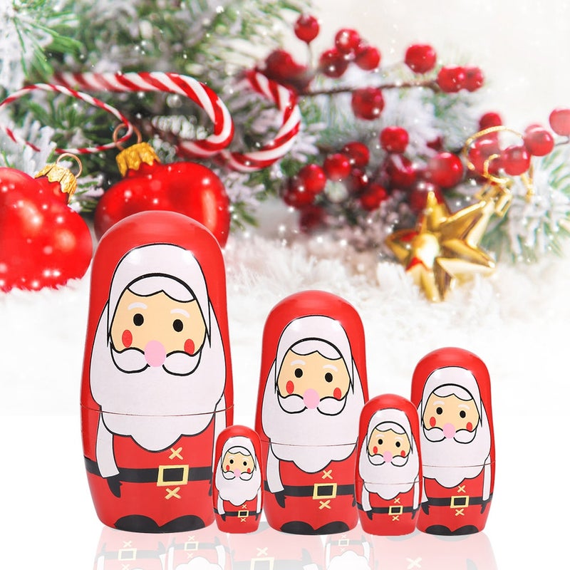 5pcs Christmas Handpainted Cute Wooden Matryoshka Dolls Russian Nesting Dolls Set Home Decoration(Small Santa Claus ) - Image 4