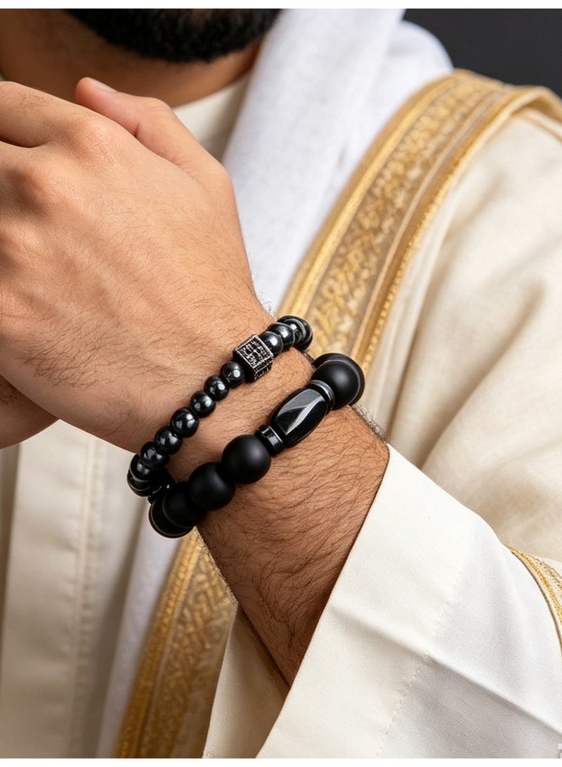 AWNL Natural meteorite energy stone beaded bracelet gift set, a luxury gift for men. - Image 1