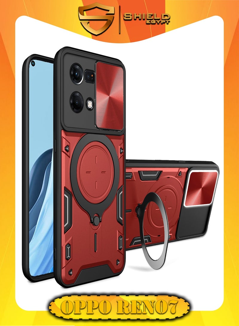شيلد ايجيبت لهاتف اوبو 7 4جى (Oppo Reno 7 4G) جراب حماية مع باب جرار لحماية عدسة  الكاميرا المدرعة مدمج بزاوية 360 درجة - (احمر)