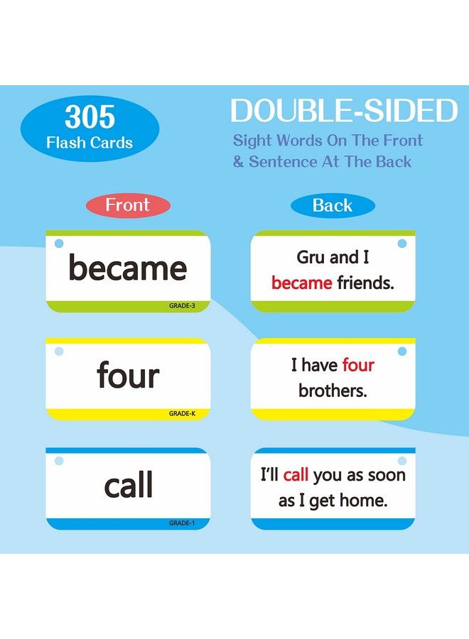 SpriteGru 305 Flash Cards, Include 250 Dolch & Fry Sight Words With Sentences Plus 50 Blank Flash Cards And 5 Index Cards, Educational Word Reading Flash Cards For Preschool, Kindergarten, 1St, 2Nd, 3Rd Grade - Image 3