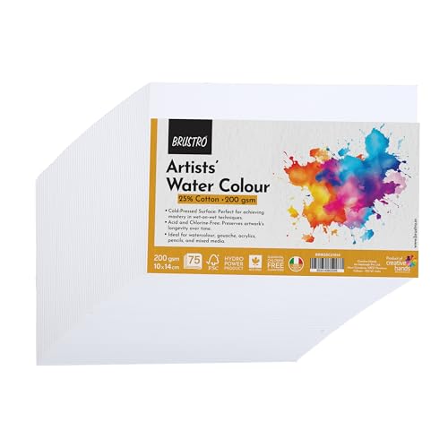BRUSTRO Artists 25% Cotton Watercolour Paper| 200 GSM, Cold Pressed, Size (Small) - 10x14 cm (75 Sheets)| Ideal for Watercolor,Gouache,Charcoal,Graphite,Ink & Other Mixed Media - Image 1