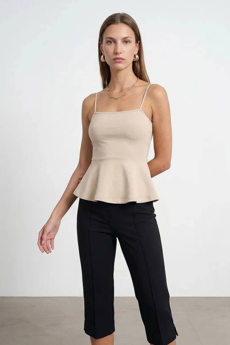Dilvin Beige Natural DILVIN Fitted Square-neck Frilly Cami Top for Women | Best Price UAE