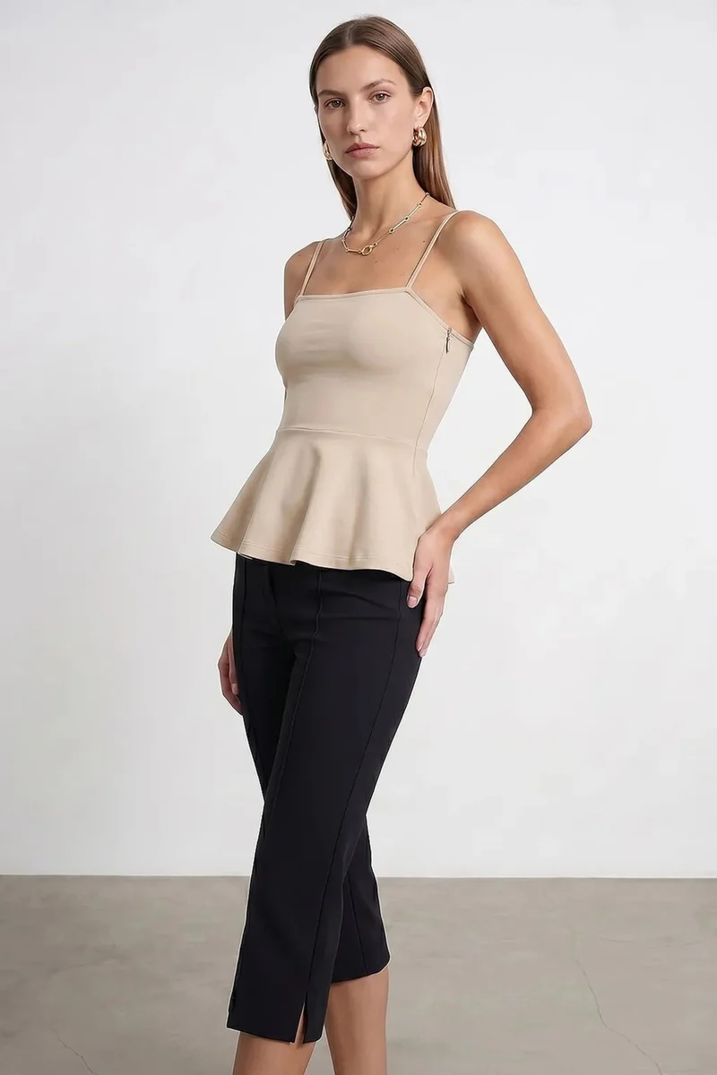 Dilvin Beige Natural DILVIN Fitted Square-neck Frilly Cami Top for Women | Best Price UAE