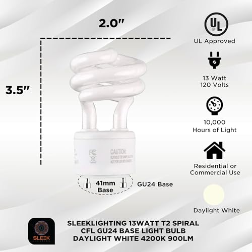SLEEKLIGHTING - 13Watt GU24 Base 2 prong light bulbs- UL approved-120v 60Hz - Mini Twist Lock Spiral -Self Ballasted CFL Two Pin Fluorescent Bulbs- 4200K 900lm Cool White 4pack (60Watt Equivalent) - Image 2